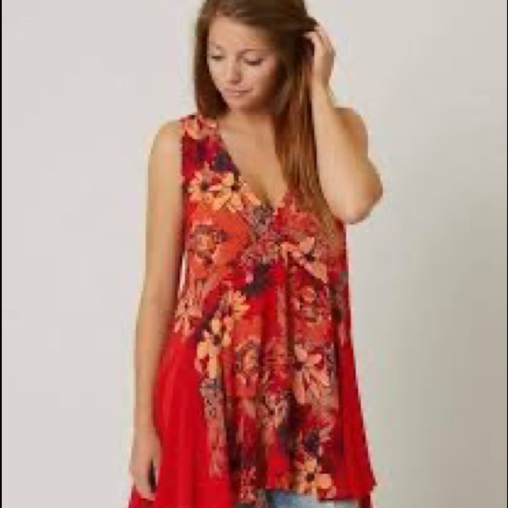 Free People Backyard Floral Print High Low V-Neck Tunic - Small